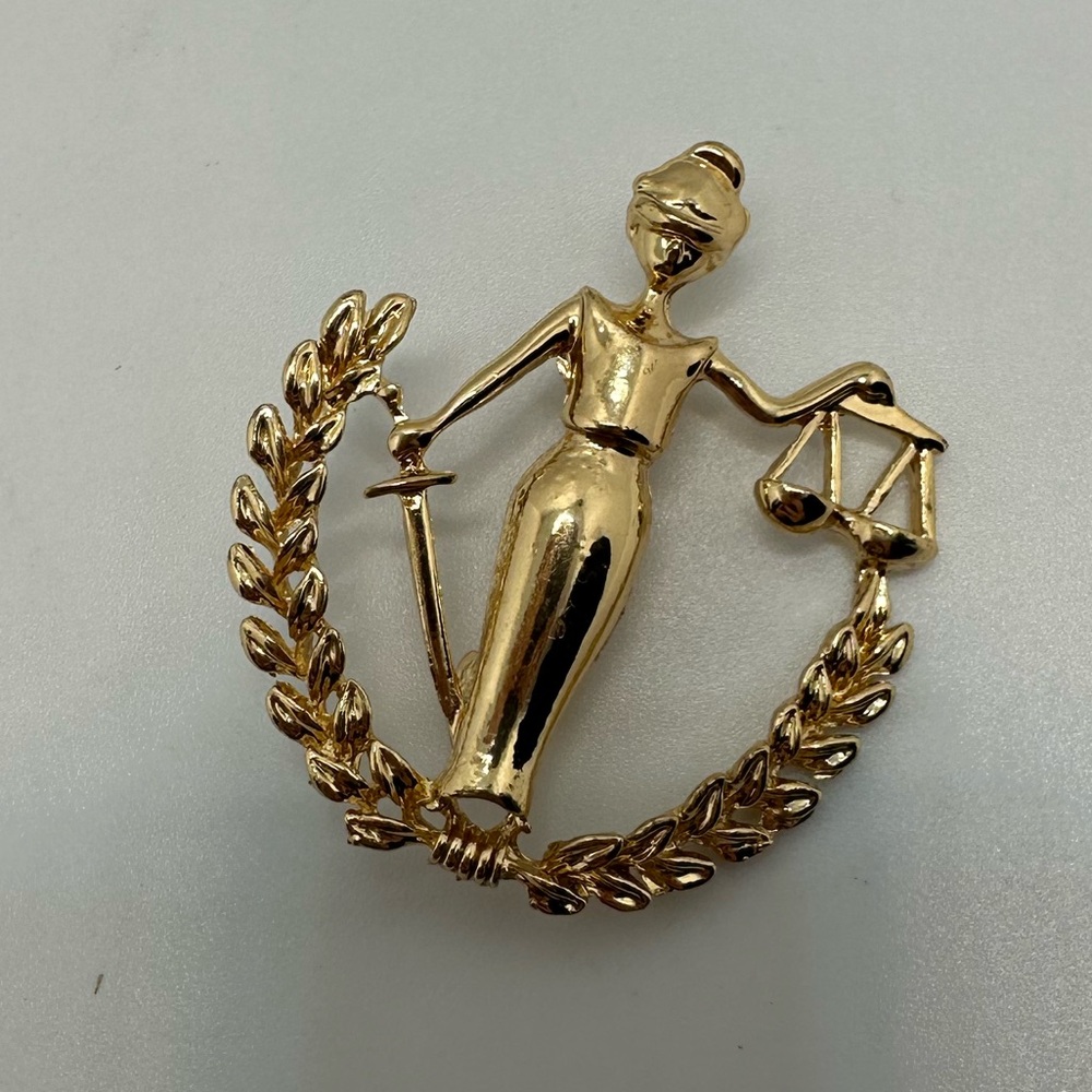 Gold Lady Justice Brooch - Elegant Women's Jewelry